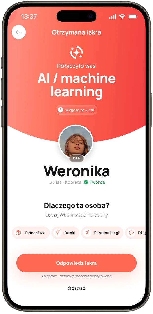 Ekran otrzymanej iskry z profilem Weroniki