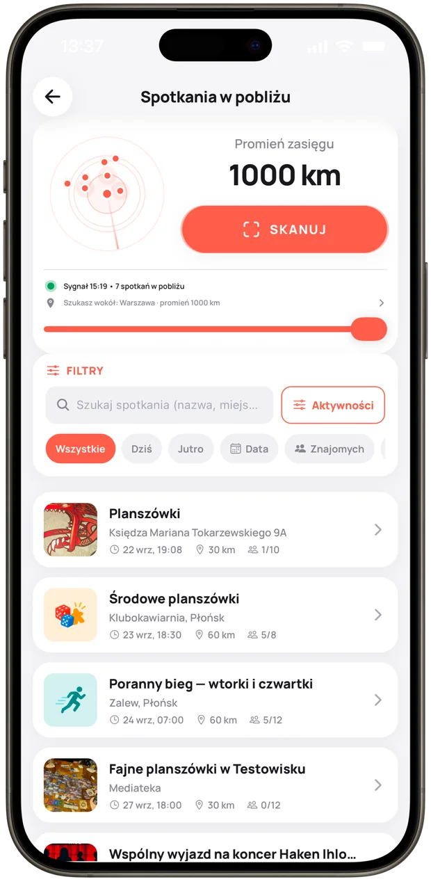Ekran Spotkania w pobliżu z radarem i suwakiem promienia
