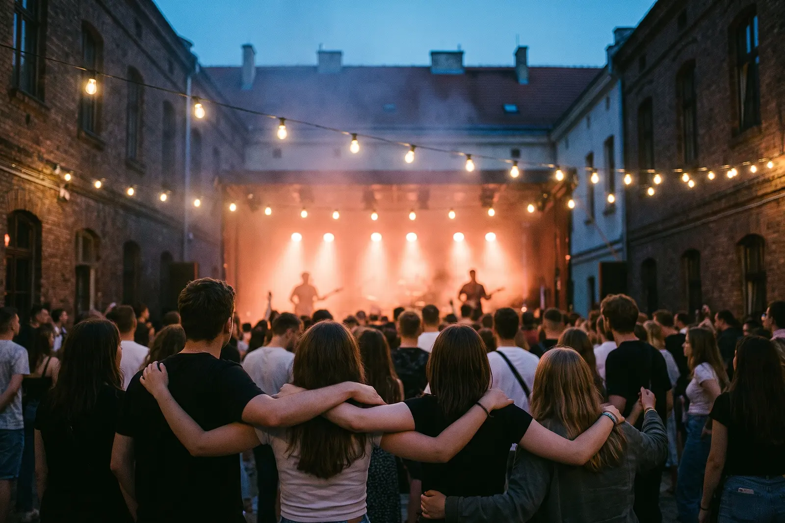 Tłum objęty ramionami przed sceną koncertu na podwórku kamienicy, nad głowami girlandy żarówek