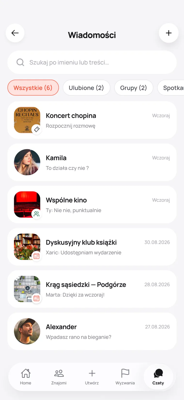 Ekran Wiadomości z czatami spotkań, grup i rozmowami prywatnymi