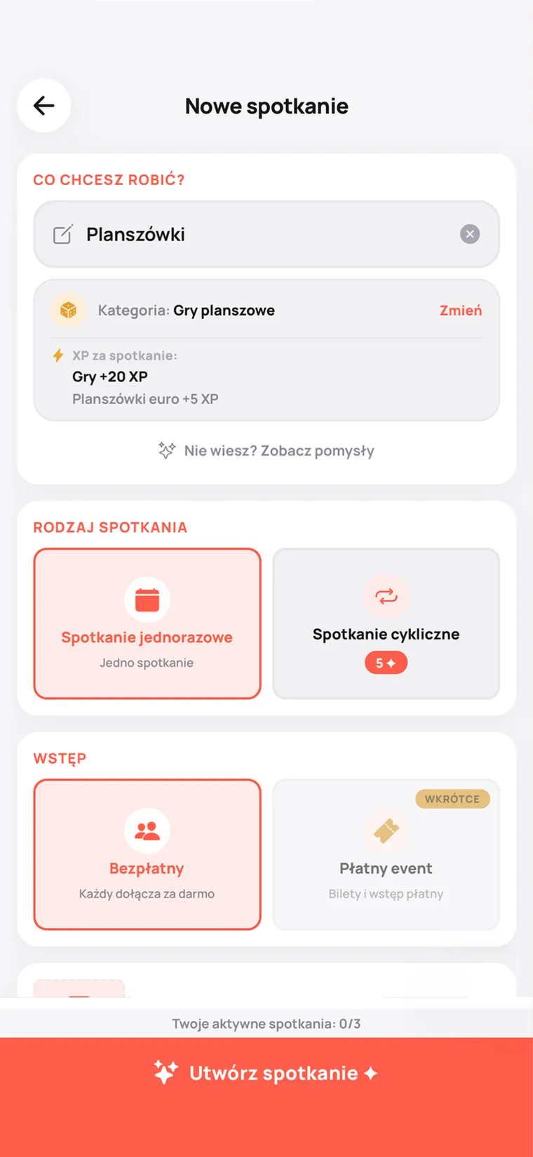 Ekran „Nowe spotkanie”: aktywność Planszówki, spotkanie jednorazowe lub cykliczne, wstęp bezpłatny