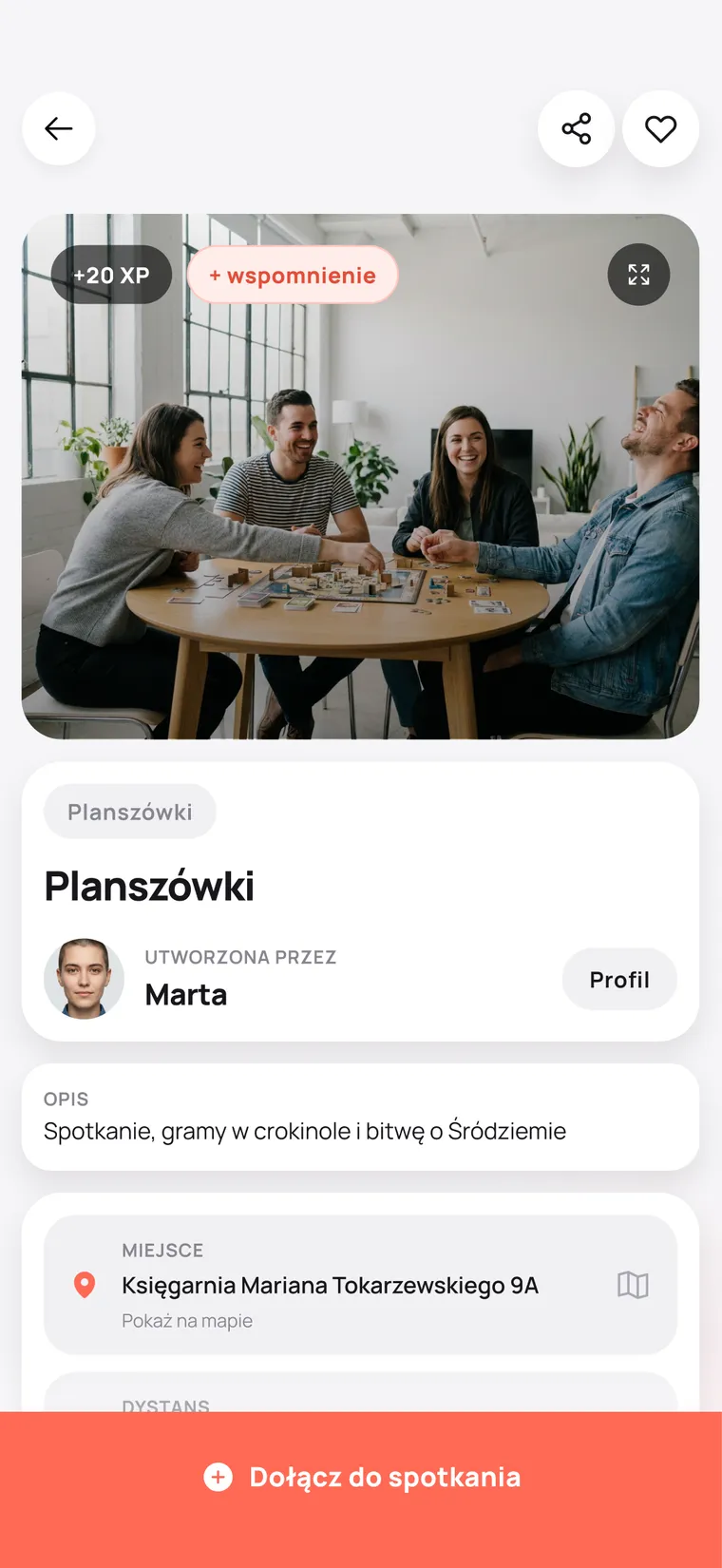 Szczegóły spotkania „Planszówki”: organizatorka Marta, opis, miejsce i przycisk Dołącz do spotkania
