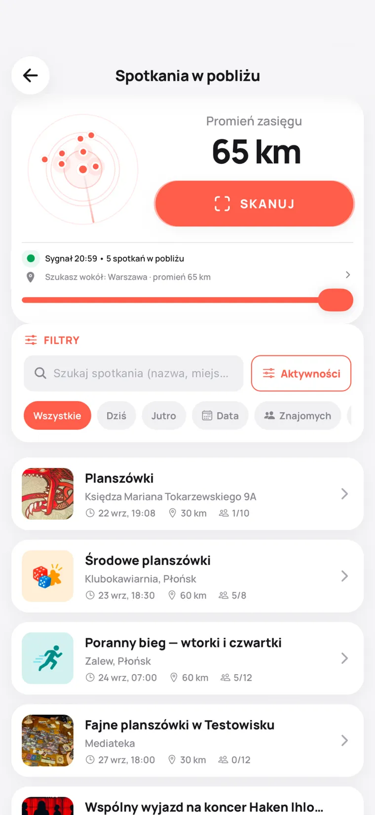 Ekran „Spotkania w pobliżu”: radar z zasięgiem 65 km i lista planów w okolicy