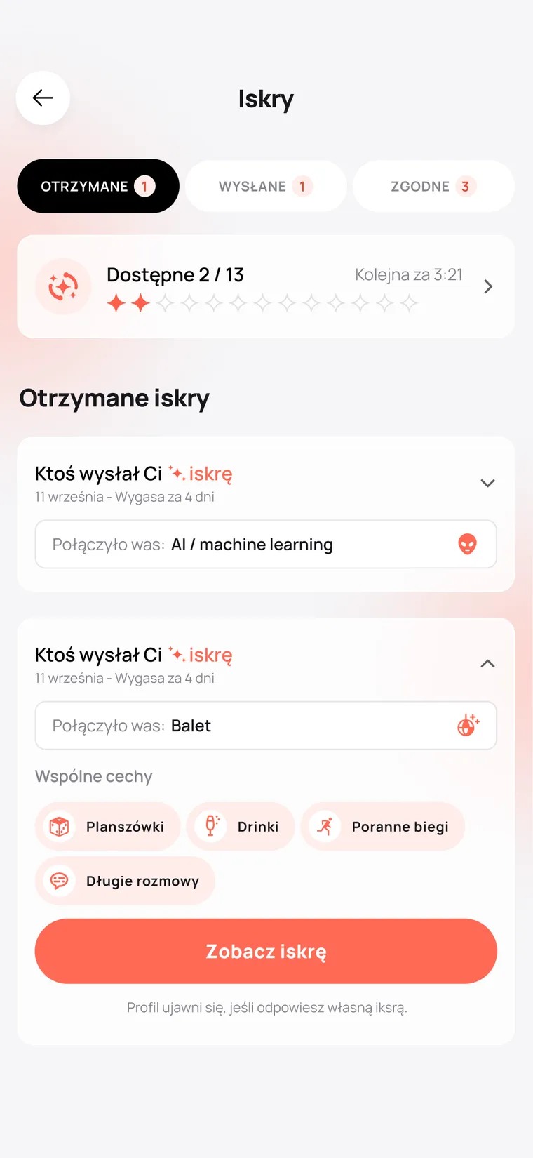 Ekran Iskry: otrzymane iskry z informacją, co was łączy, i wspólnymi cechami